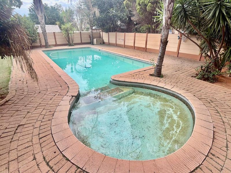 Outdoor swimming pool area featuring a paved surround and boundary wall, requiring maintenance and cleaning to restore the pool surface and water quality.