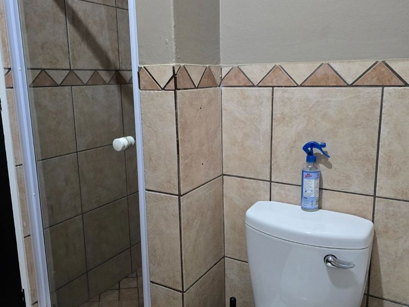 A functional bathroom featuring a shower enclosure with tiled walls and a standard toilet, showing signs of wear in the tiling and grout.