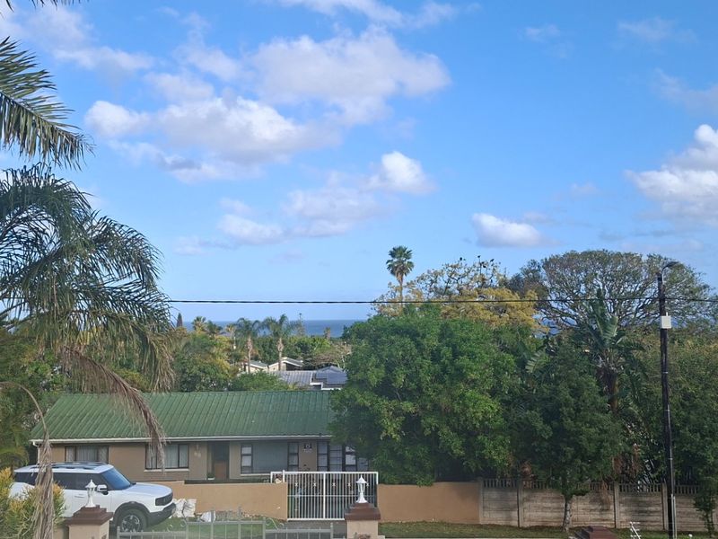 An elevated view of the surrounding neighbourhood and lush greenery, featuring mature trees and a glimpse of the distant ocean horizon.