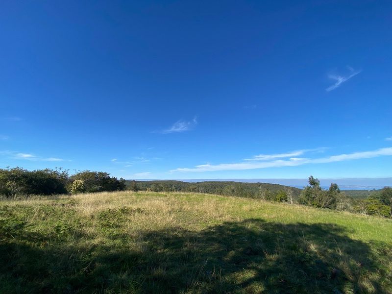 A scenic outdoor view overlooking a grassy landscape with distant hills and a clear blue sky.