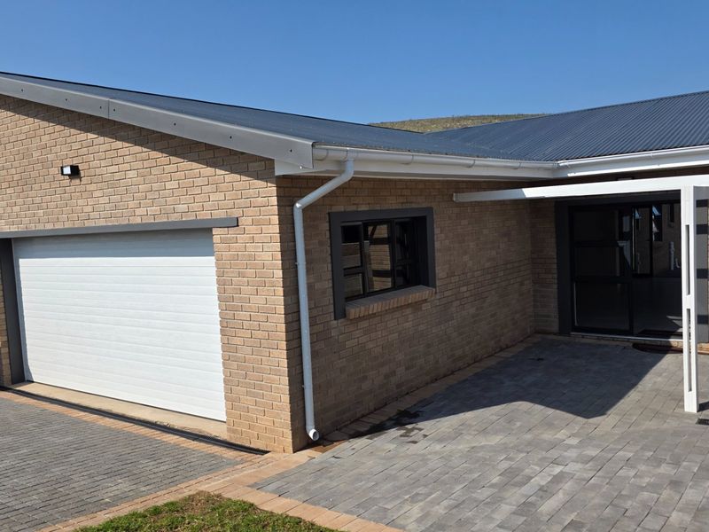 Modern single-story brick home featuring a double garage, paved driveway, and a covered entrance area with a pergola.