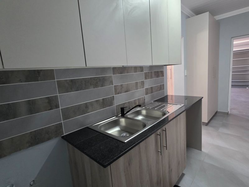 A modern, clean scullery area featuring double stainless steel sinks, contemporary cabinetry, and a stylish tiled backsplash, providing functional prep and wash-up space.