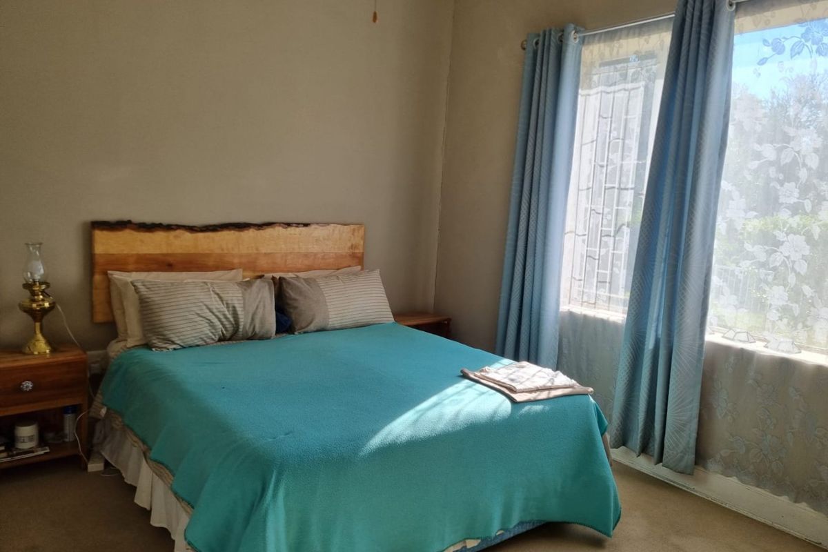 A standard bedroom featuring carpeted flooring and a large window with natural light.