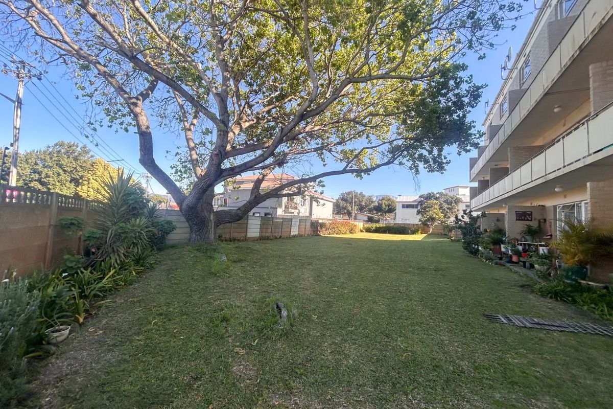 A spacious communal garden area featuring a large mature tree, lawn, and boundary wall, adjacent to the apartment building's rear balconies.