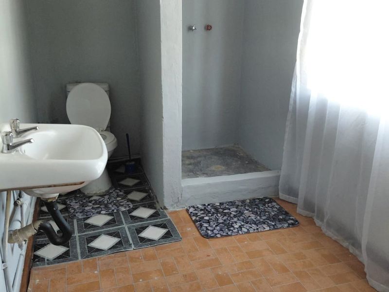 A functional bathroom featuring a pedestal basin, toilet, and a walk-in shower area with basic finishes.
