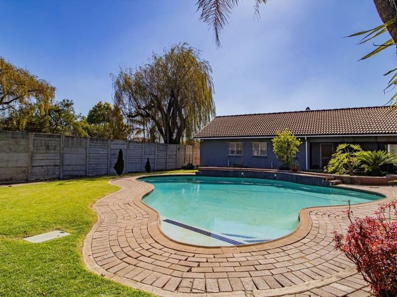 A well-maintained backyard featuring a curved swimming pool with paved surround, lush lawn, and secure boundary walling.