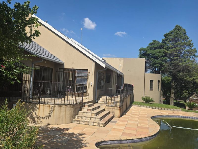 Rear exterior view featuring a paved patio area, metal security railings, concrete stairs, and a swimming pool requiring maintenance.