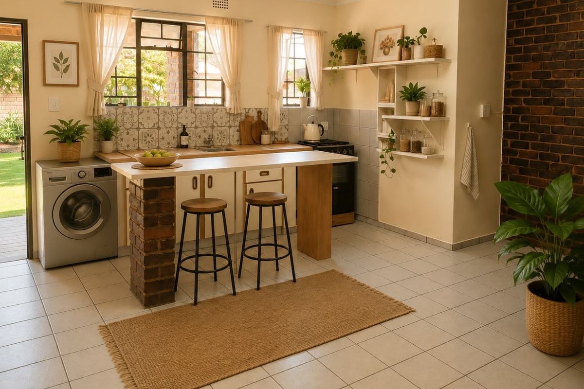 A charming kitchen featuring a brick breakfast bar, exposed brick feature wall, tiled backsplash, and direct access to the garden area.