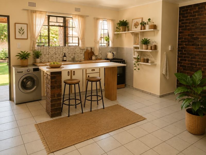 A charming kitchen featuring a brick breakfast bar, exposed brick feature wall, tiled backsplash, and direct access to the garden area.