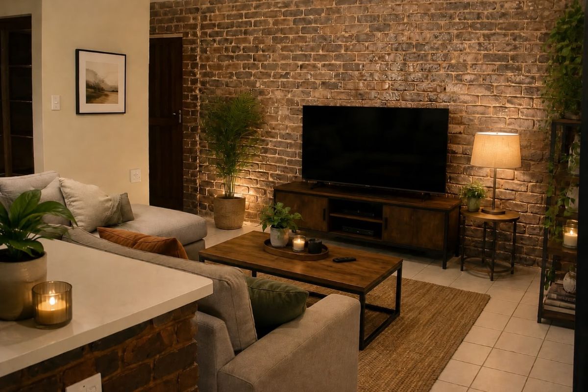 A cozy living room featuring a prominent exposed brick feature wall, tiled flooring, and warm ambient lighting.
