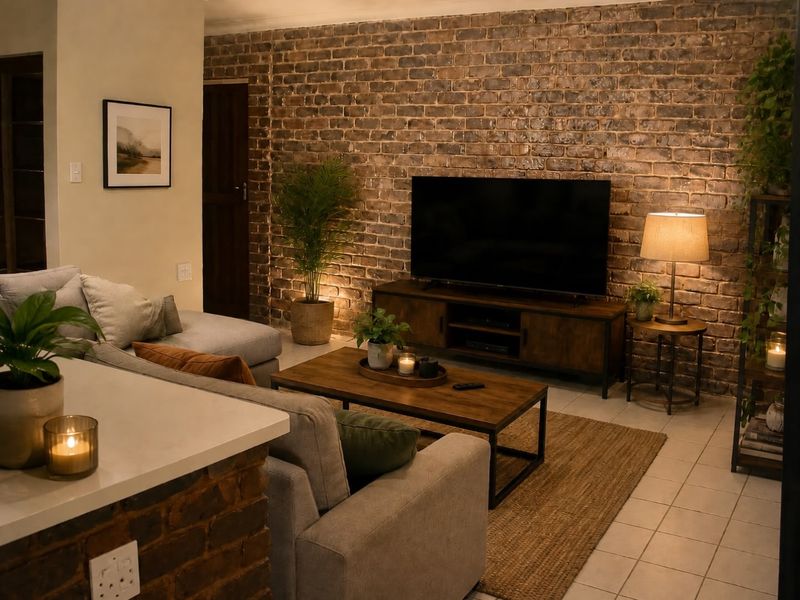 A cozy living room featuring a prominent exposed brick feature wall, tiled flooring, and warm ambient lighting.