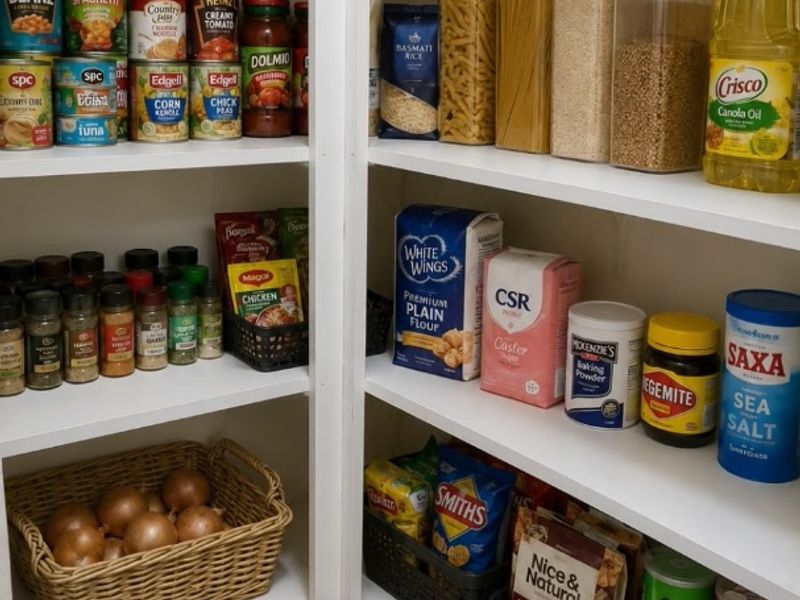 A well-organized walk-in pantry featuring multiple levels of built-in shelving for efficient dry goods storage and kitchen organization.