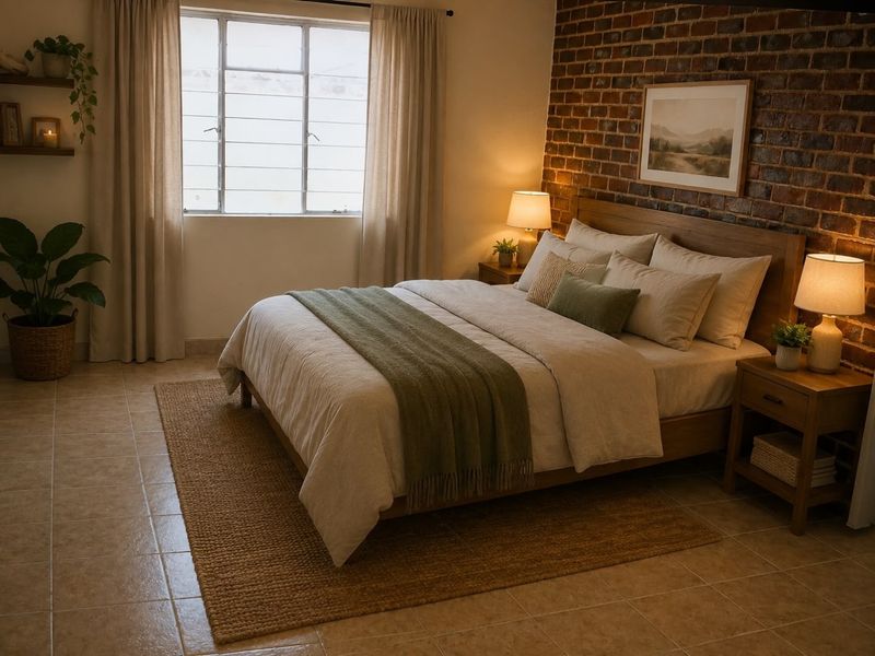 A cozy bedroom featuring an exposed brick accent wall, neutral tiled flooring, and a large window allowing natural light.