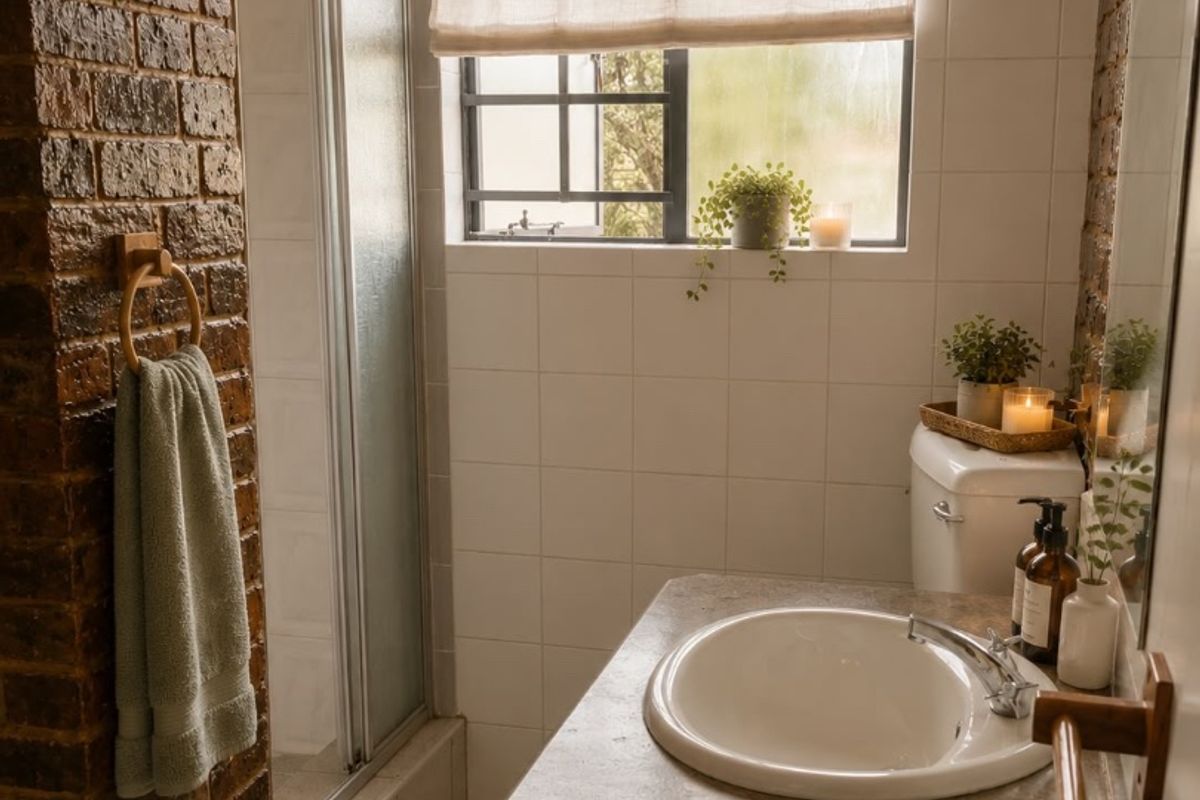 A well-maintained bathroom featuring a shower enclosure, vanity basin, toilet, and distinctive exposed brick wall finishes with natural light.
