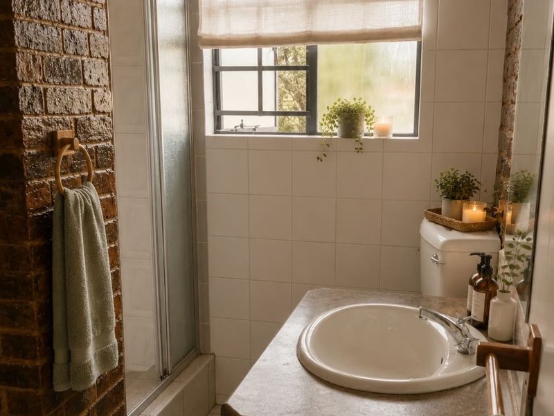 A well-maintained bathroom featuring a shower enclosure, vanity basin, toilet, and distinctive exposed brick wall finishes with natural light.