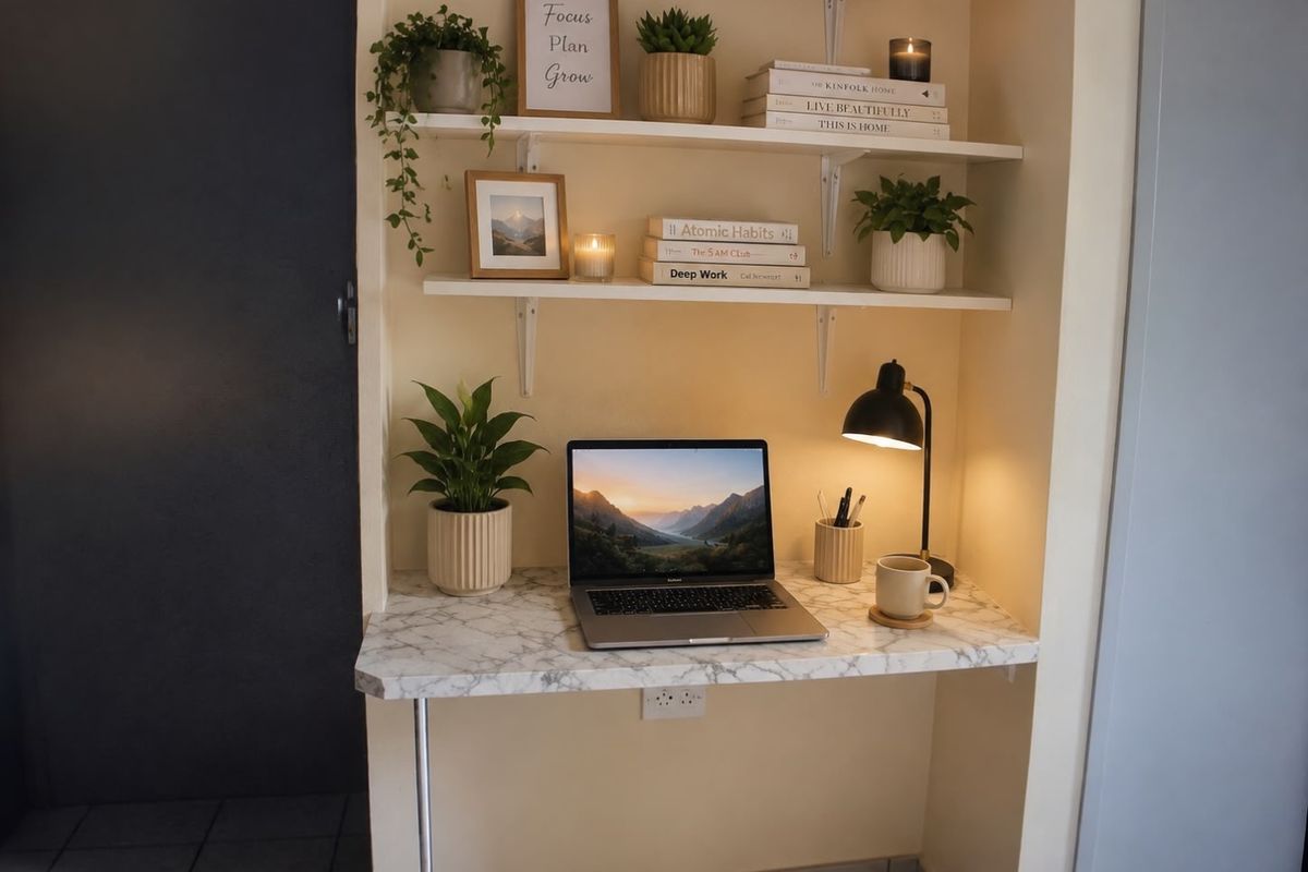 A compact built-in home office nook featuring marble-effect desk surface and integrated shelving units, providing a functional workspace within the apartment.