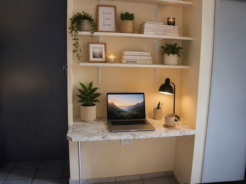 A compact built-in home office nook featuring marble-effect desk surface and integrated shelving units, providing a functional workspace within the apartment.