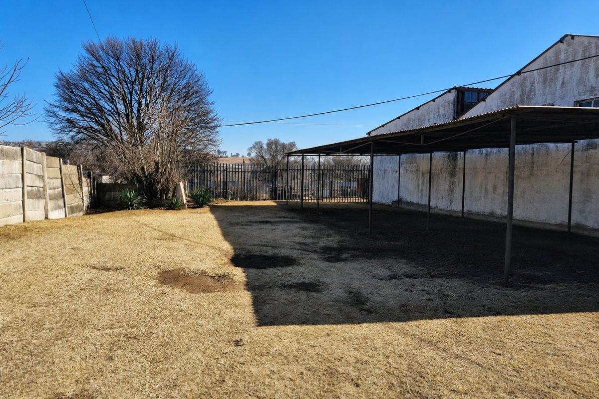 Rear exterior area featuring a large metal carport structure, precast boundary walling, and steel palisade fencing with an open yard space.