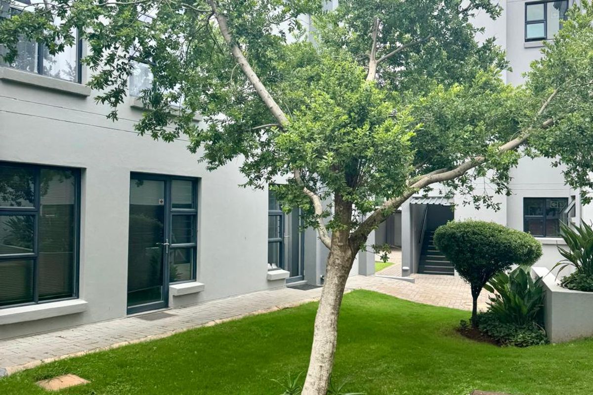 A well-maintained rear garden area featuring a paved walkway, manicured lawn, and modern apartment building facade with aluminium window and door frames.