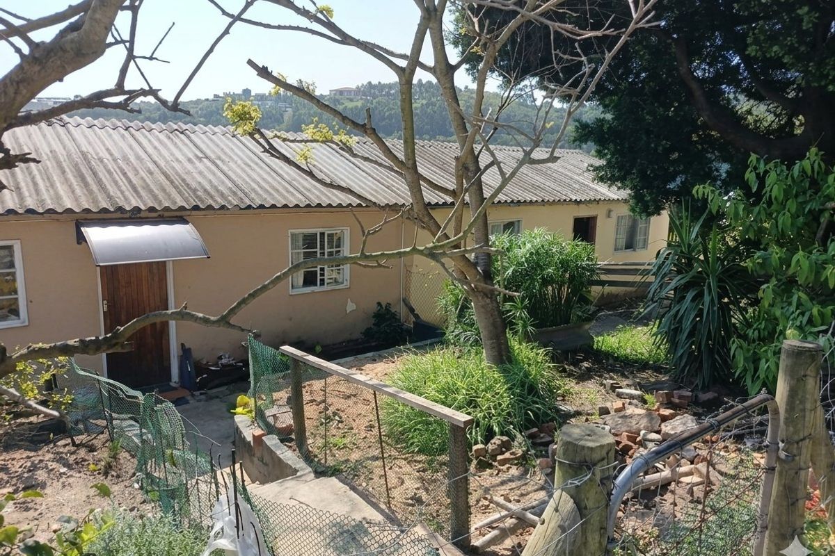 Rear view of a single-story house featuring a corrugated roof, timber entrance door, and an overgrown garden area with basic wire fencing.