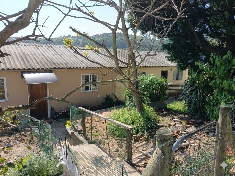 Rear view of a single-story house featuring a corrugated roof, timber entrance door, and an overgrown garden area with basic wire fencing.