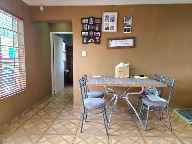 A dining area featuring patterned ceramic floor tiles, neutral wall paint, and a window fitted with venetian blinds.