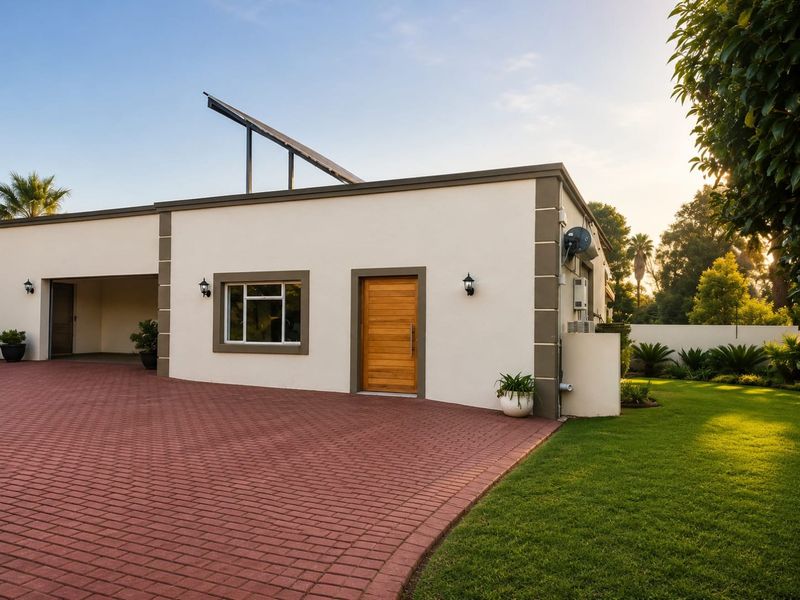 A well-maintained modern apartment exterior featuring a paved driveway, timber entrance door, solar panels, and a neatly landscaped garden area.