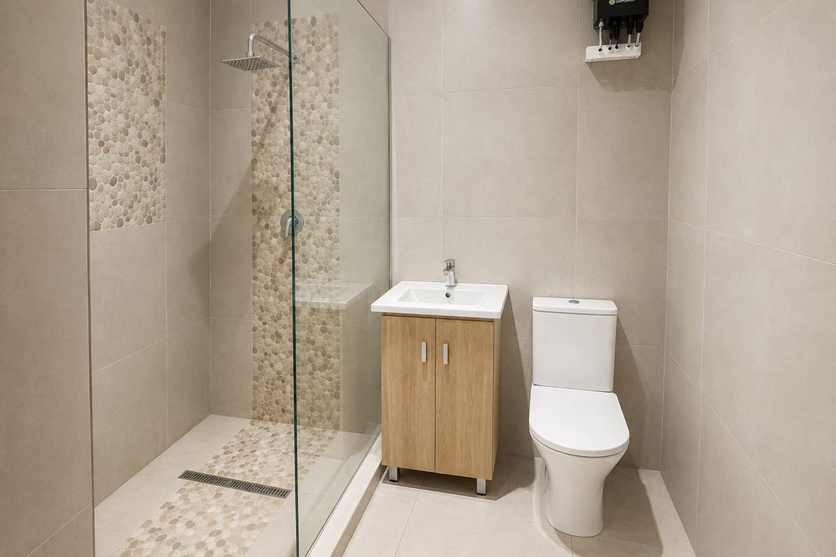 Modern bathroom featuring a walk-in shower with a rain shower head, pebble tile accents, a vanity cabinet, and a contemporary toilet.