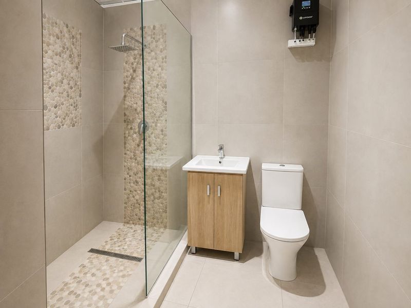 Modern bathroom featuring a walk-in shower with a rain shower head, pebble tile accents, a vanity cabinet, and a contemporary toilet.