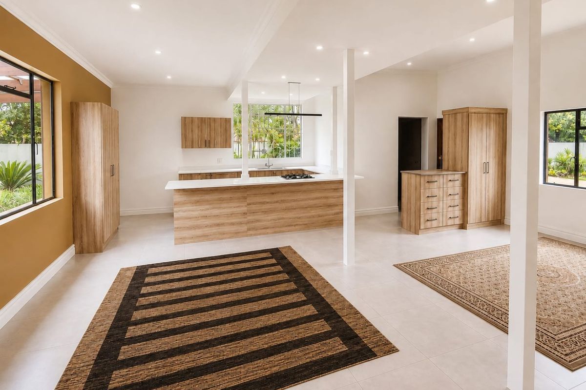 Spacious open-plan living and kitchen area featuring modern wood-finish cabinetry, a central island with a gas cooktop, and bright, neutral tiled flooring.