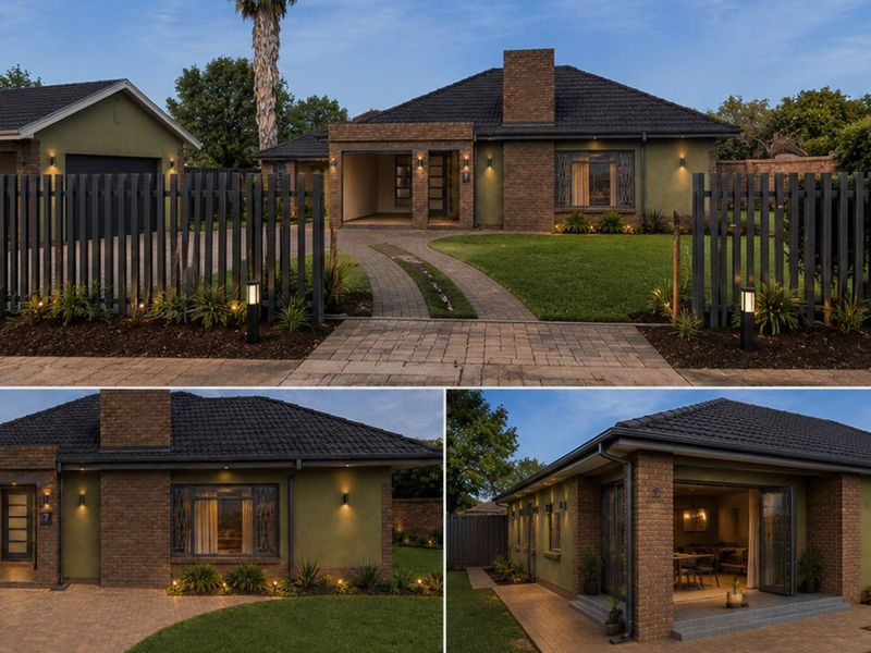 A well-maintained single-story house featuring a brick and rendered facade, tiled roof, paved driveway, and modern vertical slat fencing with integrated garden lighting.