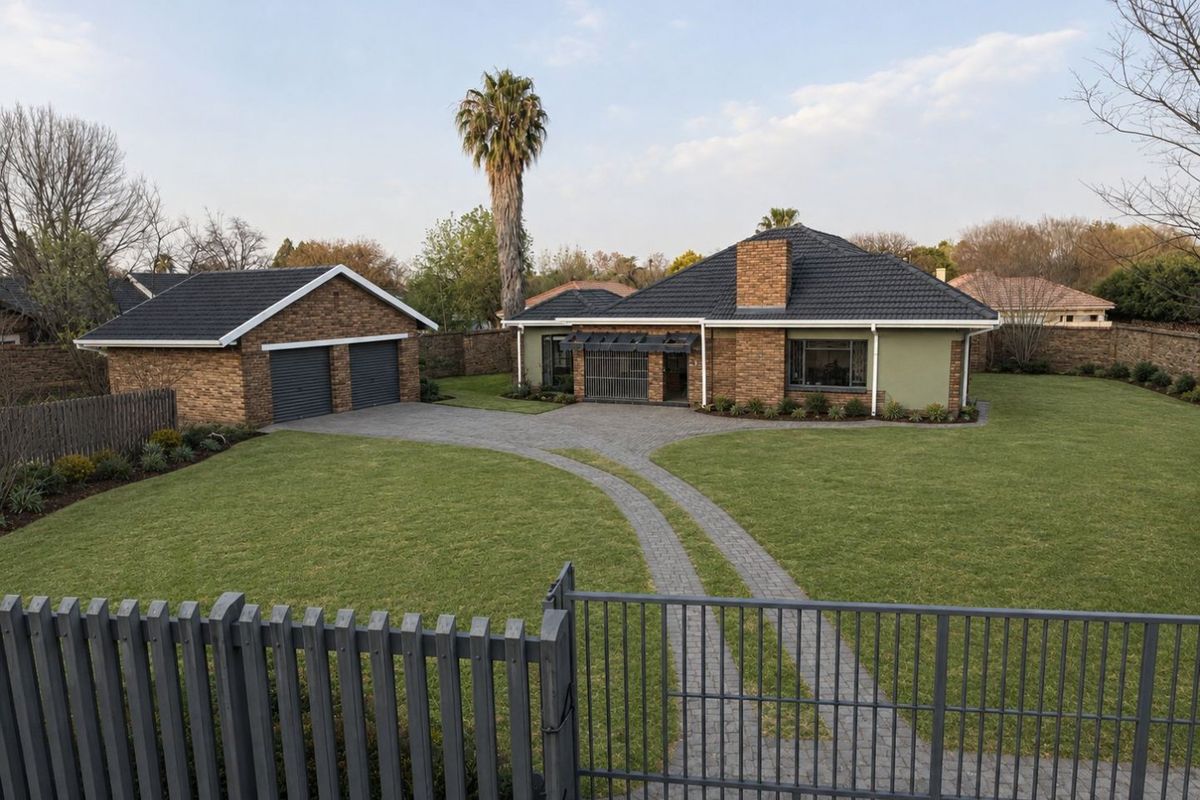 A well-maintained single-story house featuring a brick and rendered facade, tiled roof, double garage, and a spacious paved driveway set within a landscaped garden.