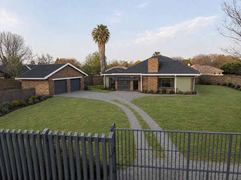 A well-maintained single-story house featuring a brick and rendered facade, tiled roof, double garage, and a spacious paved driveway set within a landscaped garden.