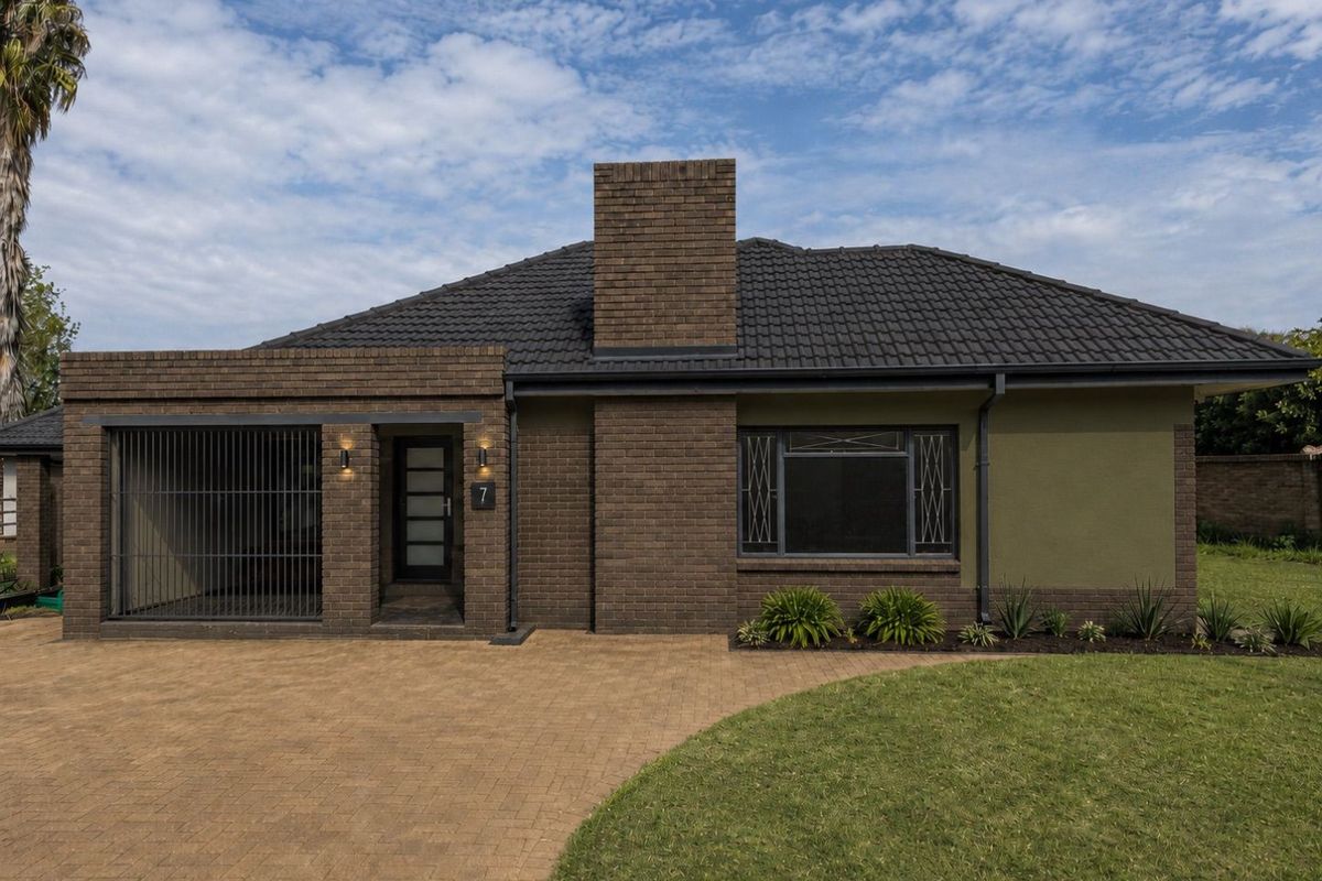 A well-maintained single-story brick house featuring a paved driveway, secure entrance, and a prominent chimney, set within a neat garden.