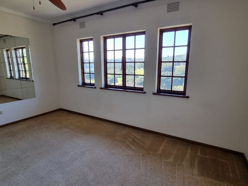 An empty bedroom featuring a large mirrored wall, ceiling fan, and timber-framed windows with views, finished with neutral carpeting.
