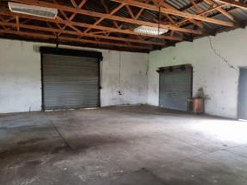 Spacious commercial garage or warehouse area featuring exposed timber roof trusses, concrete flooring, and two large roller shutter doors for vehicle or equipment access.