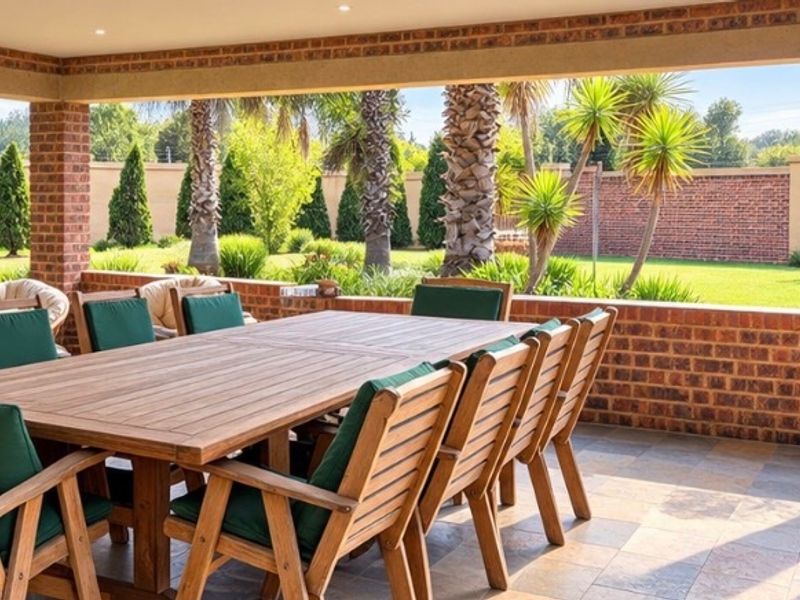 A spacious covered patio featuring exposed brick pillars, tiled flooring, and recessed lighting, overlooking a well-maintained landscaped garden.