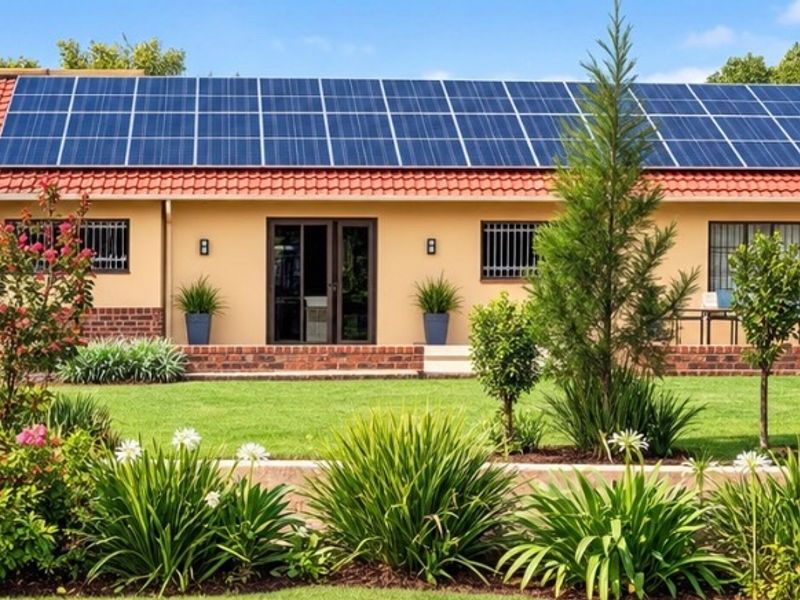 Rear view of the house featuring a well-maintained garden, brick accents, and a roof equipped with solar panels.