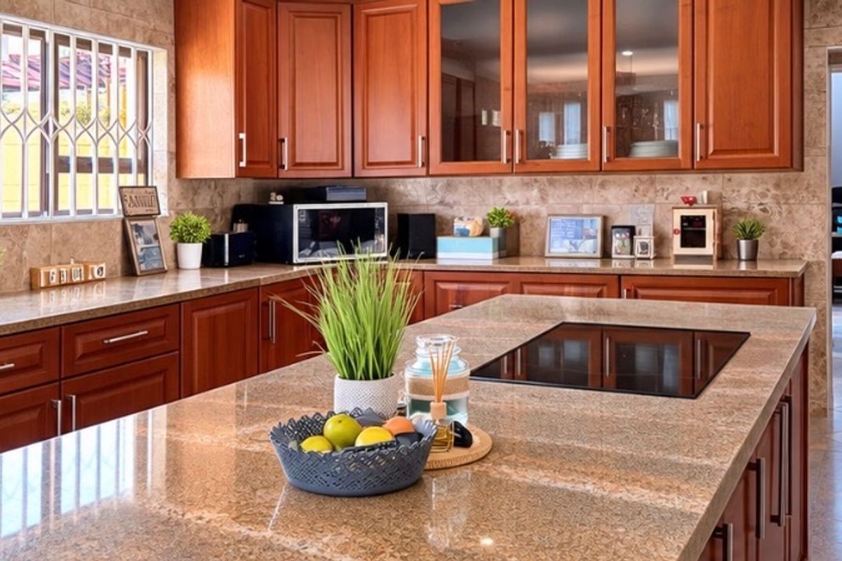 A well-maintained kitchen featuring warm wooden cabinetry, granite countertops, a central island with an integrated induction hob, and neutral tiled finishes.