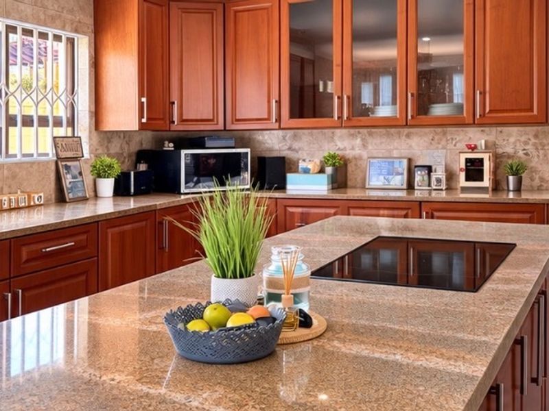 A well-maintained kitchen featuring warm wooden cabinetry, granite countertops, a central island with an integrated induction hob, and neutral tiled finishes.