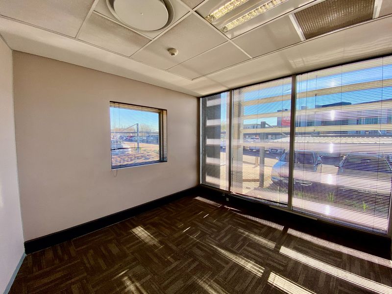 A bright, empty commercial office space featuring carpet tiles, suspended ceilings with recessed lighting, and large windows with venetian blinds.