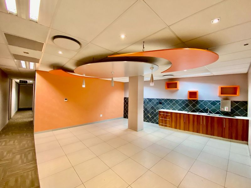 A spacious commercial kitchenette area featuring tiled flooring, built-in wooden cabinetry, a tiled backsplash, and a unique decorative suspended ceiling feature.