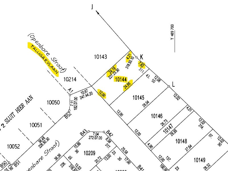 A detailed cadastral survey map showing land parcel boundaries, dimensions, and street access for the residential property.