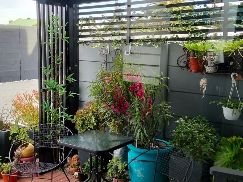 A private outdoor patio area featuring a slatted privacy screen, painted masonry walls, and paved flooring, creating a cozy and enclosed entertainment space.