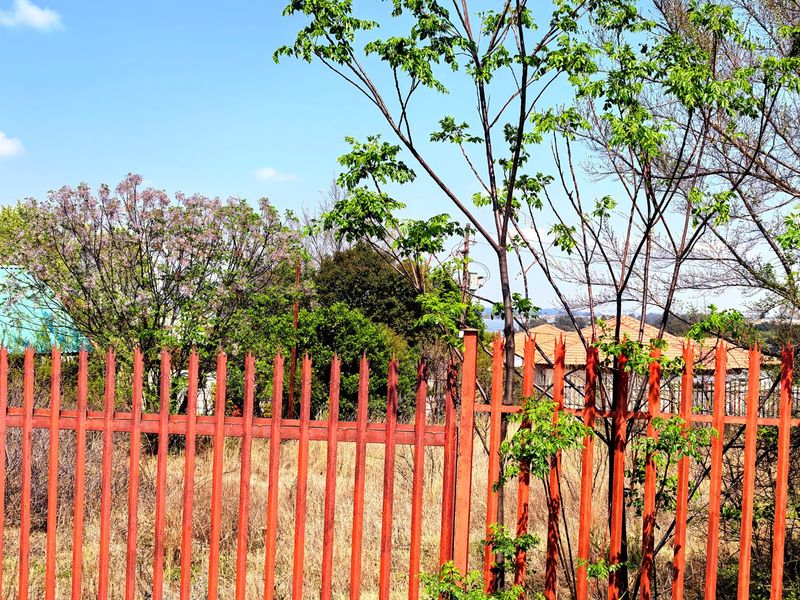 A view of a vacant residential plot featuring mature trees and a red metal palisade fence along the perimeter.