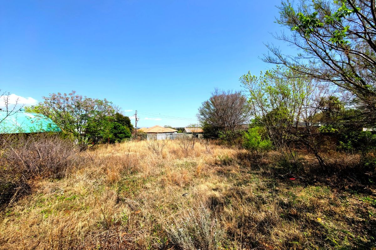 A vacant residential plot featuring overgrown grass and mature trees, enclosed by perimeter fencing.
