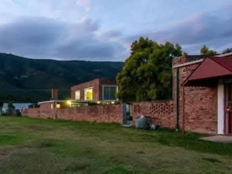 Rear view of the property featuring a brick facade, a covered patio area with a metal awning, and a surrounding brick boundary wall.