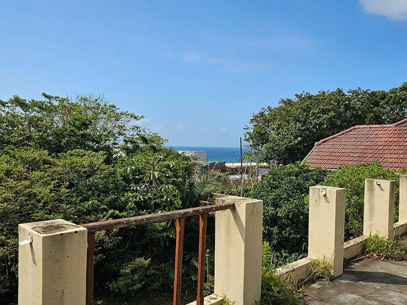 An outdoor patio area featuring a built-in braai, masonry balustrades, and a view of the surrounding greenery and distant ocean.