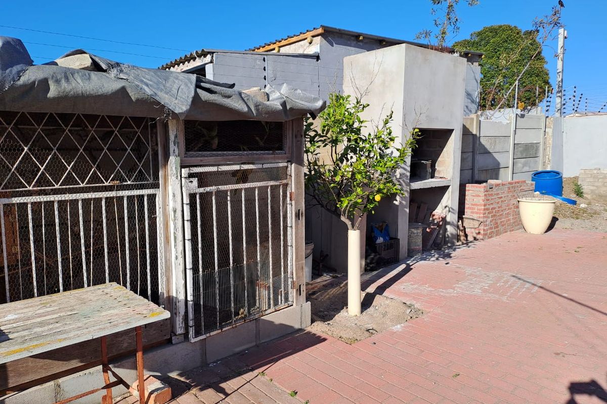 Rear outdoor area featuring a paved patio, a built-in braai, and a large animal enclosure structure requiring maintenance.