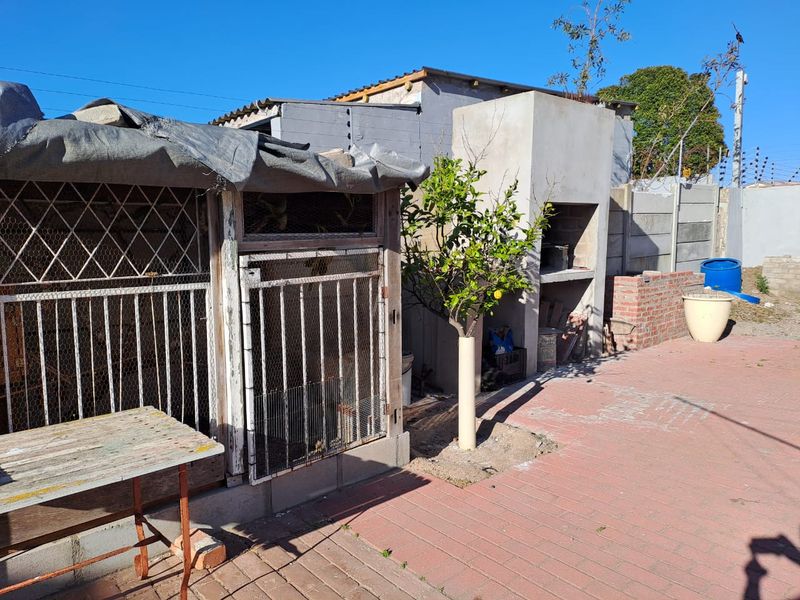 Rear outdoor area featuring a paved patio, a built-in braai, and a large animal enclosure structure requiring maintenance.